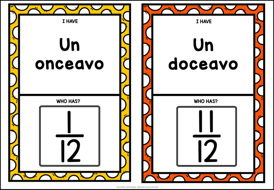 Elevenths and twelfths in Spanish: the Un onceavo card asks who has 1/12, and the Un doceavo card asks who has 11/12