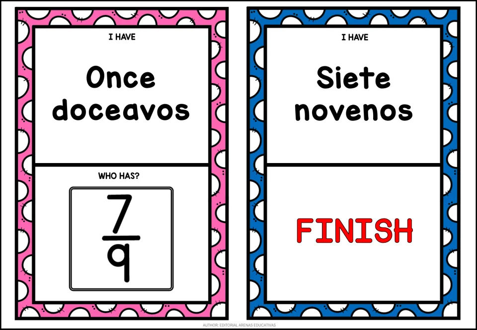 Final fraction cards: Once doceavos asks who has 7/9, and the Siete novenos card closes the game with FINISH