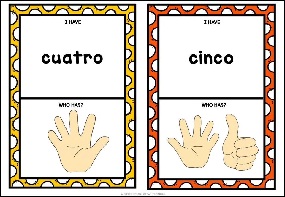 Spanish number game cards 5–6: cuatro (four) asks for five fingers; cinco (five) asks for six fingers