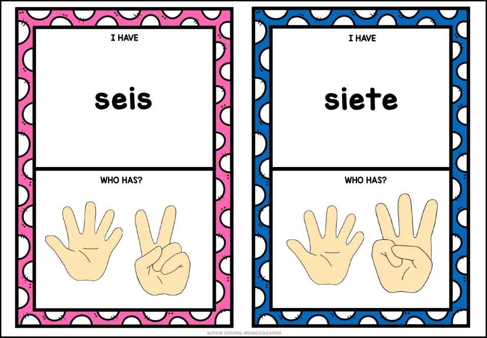 Spanish number game cards 7–8: seis (six) asks for seven fingers; siete (seven) asks for eight fingers