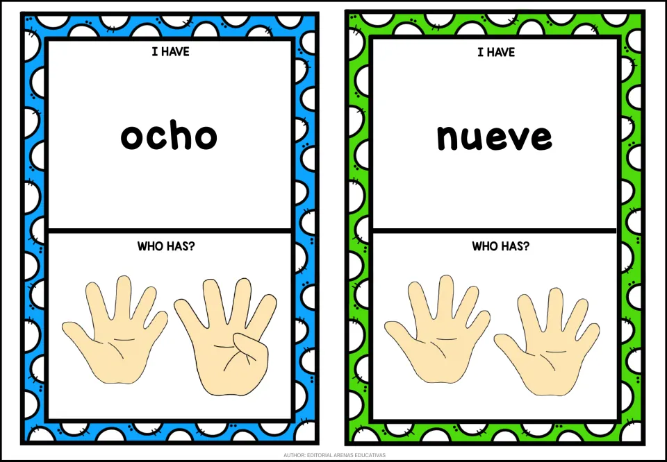 Spanish number game cards 9–10: ocho (eight) asks for nine fingers; nueve (nine) asks for ten fingers