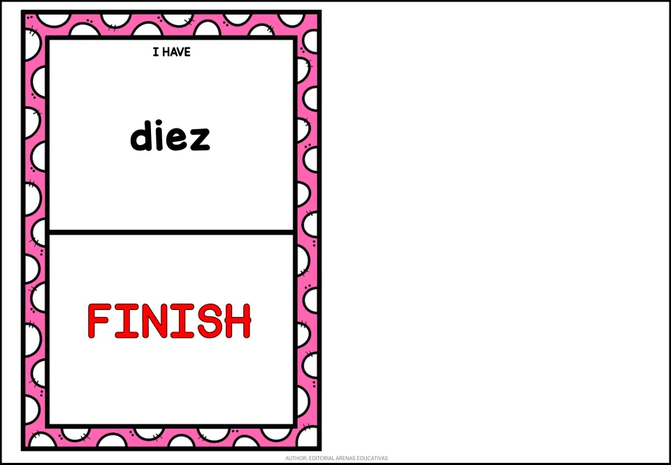 Spanish number game card 11: I HAVE diez (ten) above FINISH, marking the end of the number card sequence