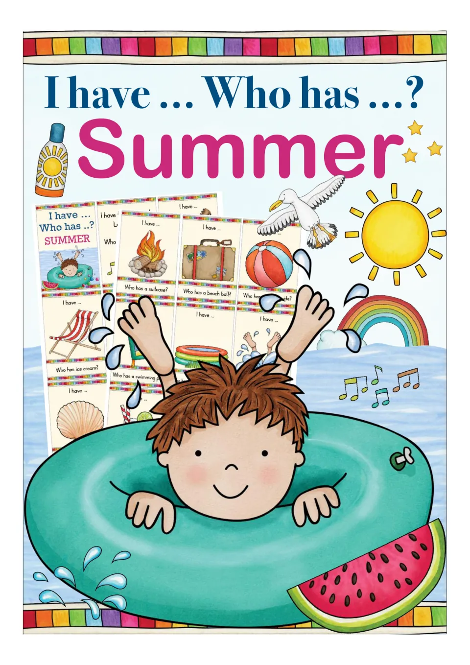 Summer vocabulary card game cover showing sample picture cards: campfire, suitcase, beach ball, deck chair and a shell