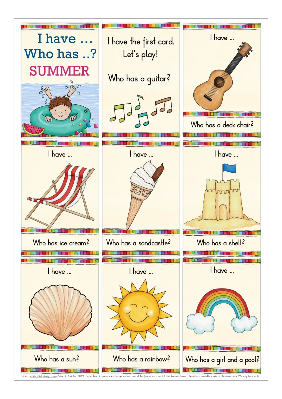Summer chain game cards: start card asking for a guitar, then guitar, deck chair, ice cream, sandcastle, shell, sun, rainbow