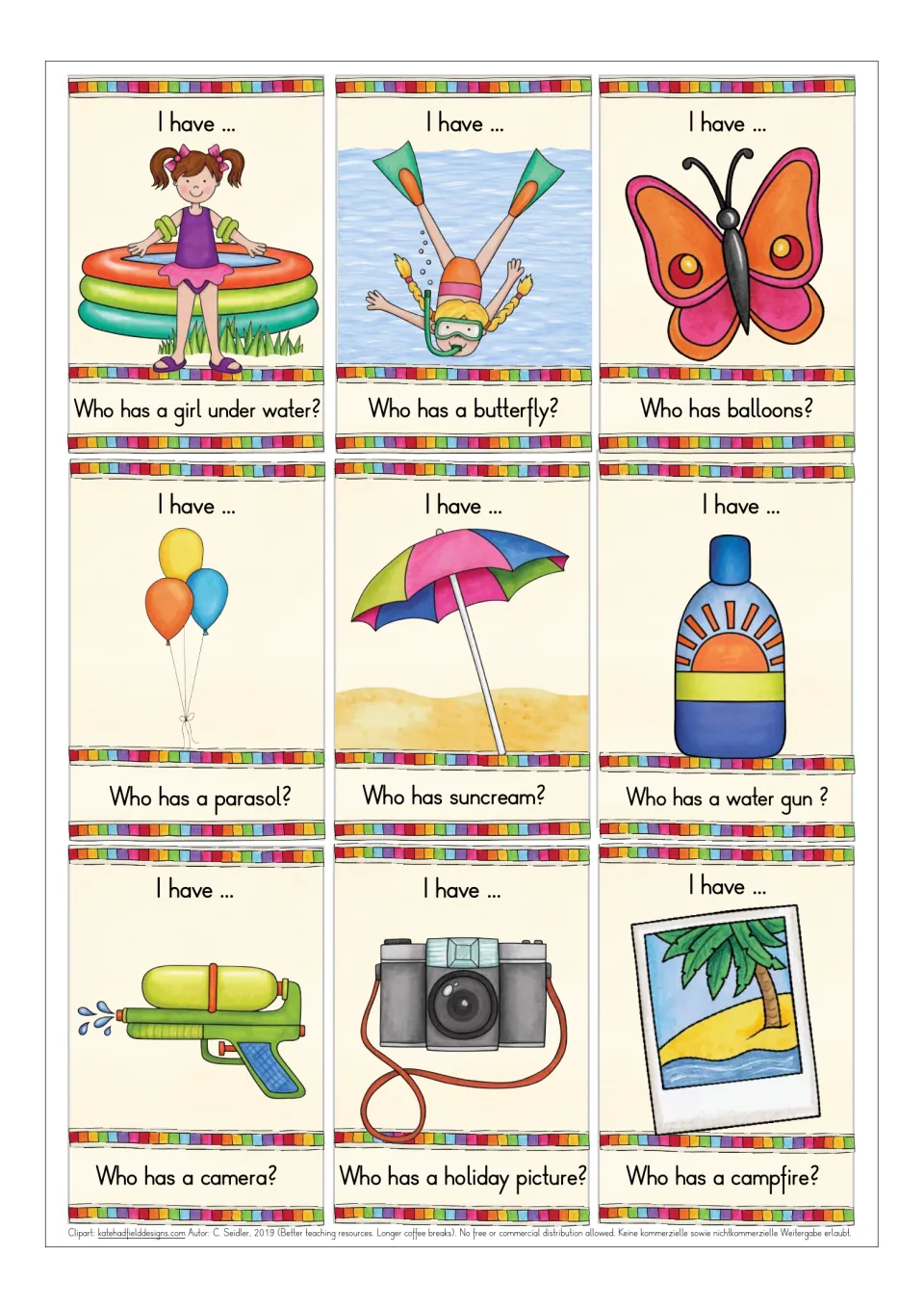 Summer picture cards: girl in paddling pool, snorkeler, butterfly, balloons, parasol, suncream, water gun, camera, photo