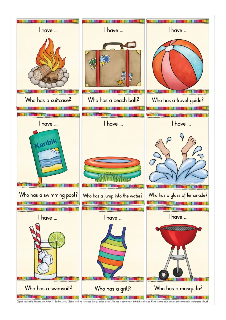 Summer picture cards: campfire, suitcase, beach ball, travel guide, paddling pool, jump into water, lemonade, swimsuit, grill