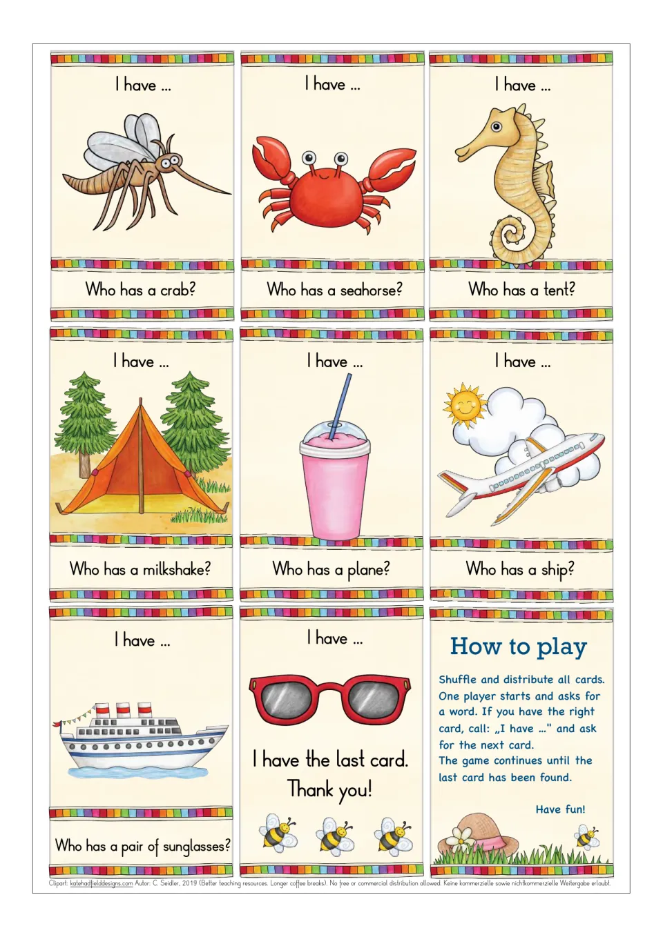 Final game cards: mosquito, crab, seahorse, tent, milkshake, plane, ship, last card with sunglasses and a how-to-play card