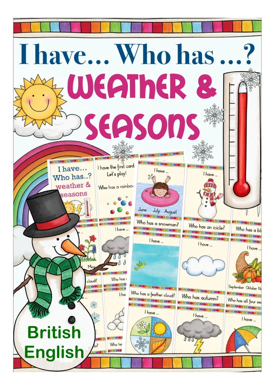 Cover: I have... Who has...? weather and seasons card game, British English, with sun, rainbow, snowman and thermometer