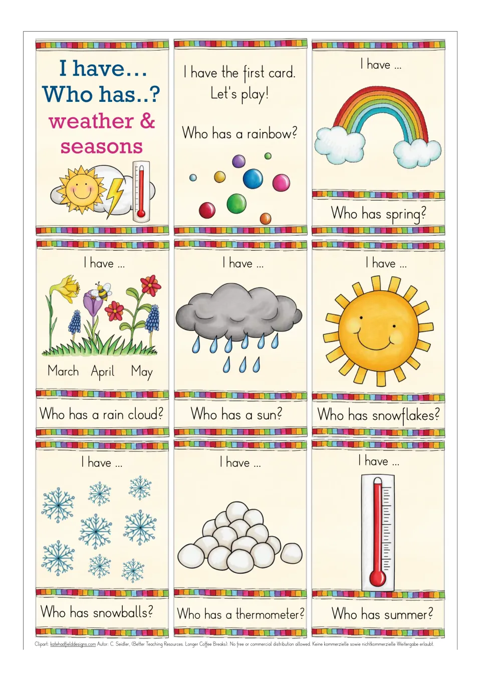 Weather and seasons game cards: starter card, rainbow, spring flowers, rain cloud, sun, snowflakes, snowballs, thermometer