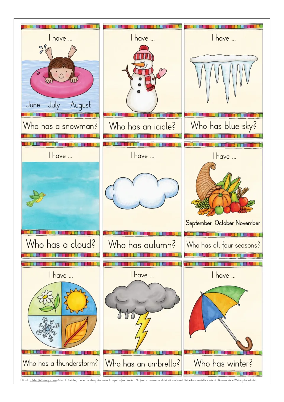 Game cards matching clues to pictures: snowman, icicle, blue sky, cloud, autumn, four seasons, thunderstorm, umbrella
