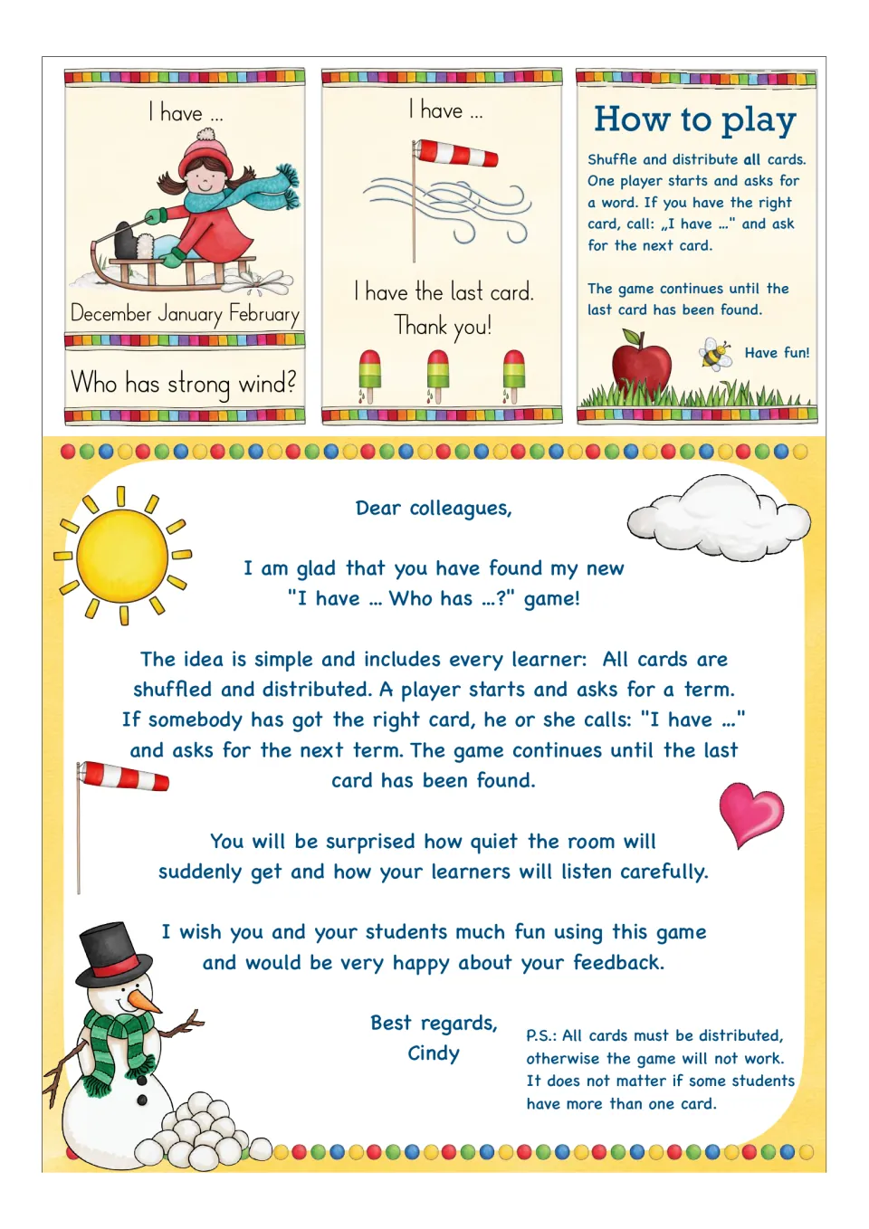 Final game cards with strong wind and last card, a How to play card, and a letter to teachers explaining the game