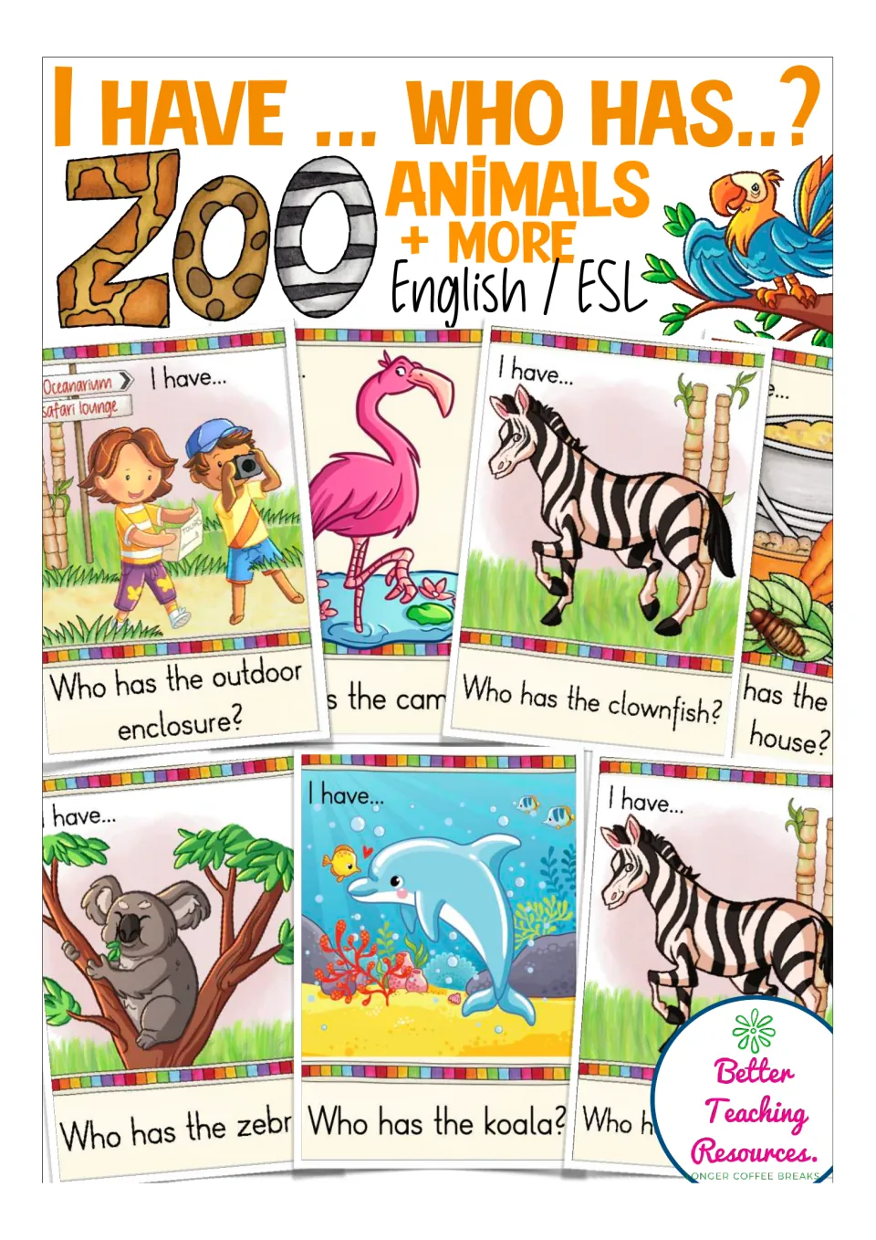 Cover of an I have, who has zoo animals card game in English/ESL, showing picture cards of a koala, dolphin, zebra and more