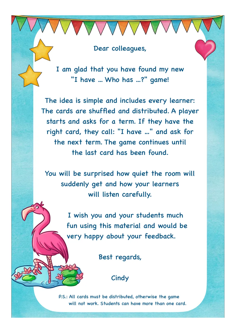 Letter to teachers explaining the game: shuffle and deal all cards, then players call 'I have...' and ask for the next term