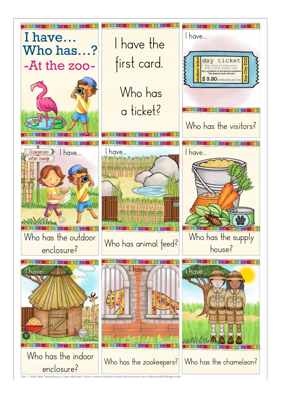 At the zoo vocabulary cards: title card, first card asking for a ticket, visitors, enclosures, animal feed and zookeepers