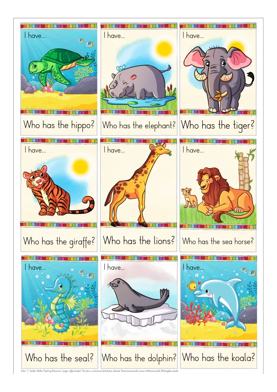 Animal cards for turtle, hippo, elephant, tiger, giraffe, lions, sea horse, seal and dolphin, each asking for the next