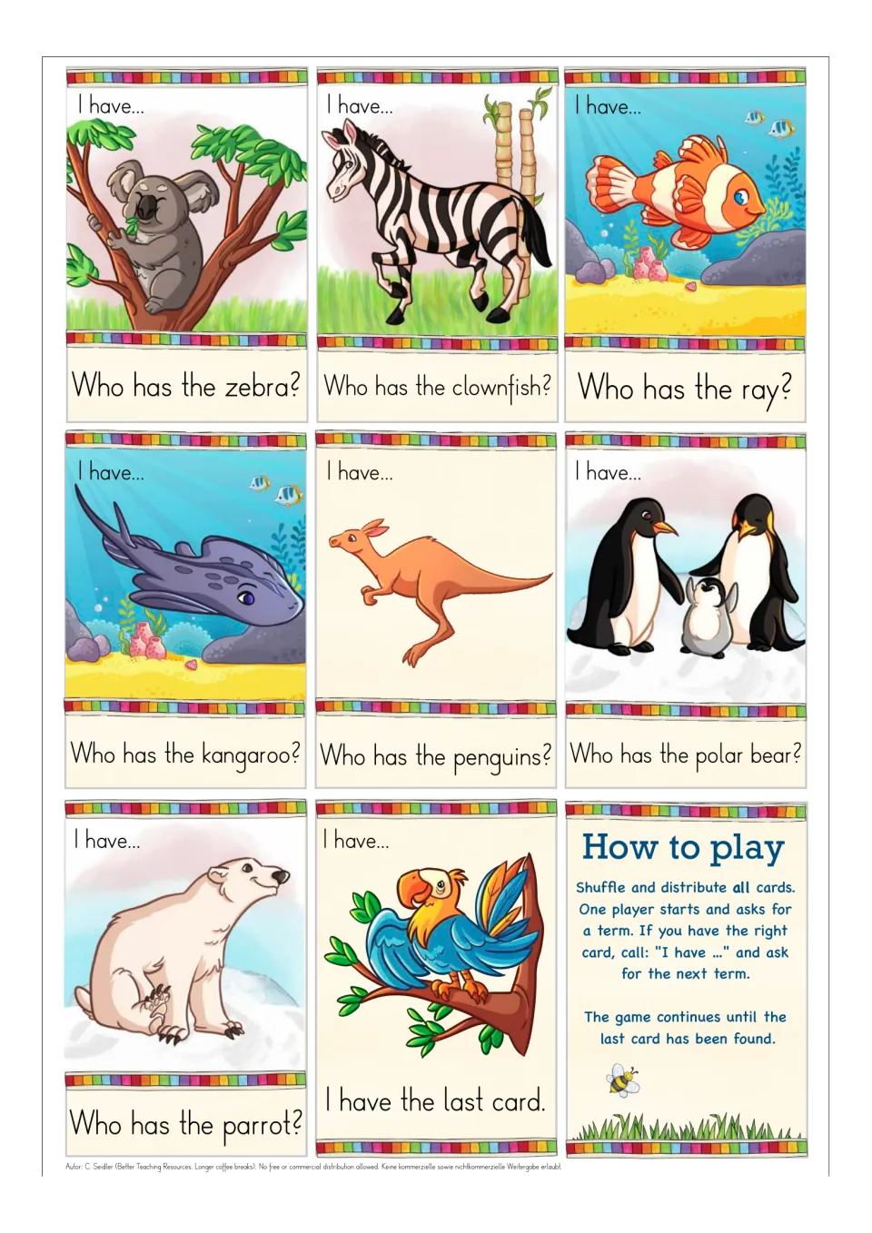 Final animal cards from koala to parrot, a parrot card reading 'I have the last card' and a How to play card with the rules