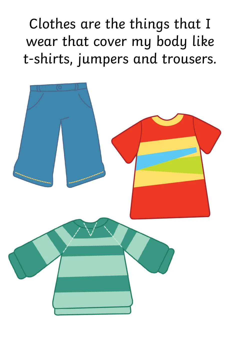 Social story page defining clothes as things that cover the body, shown with trousers, a t-shirt and a striped jumper