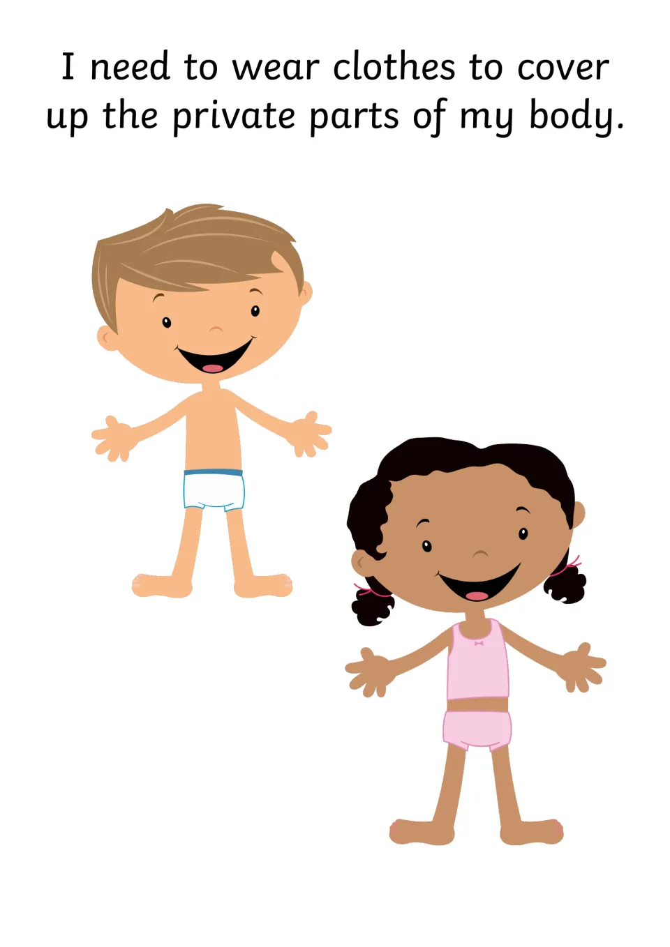 Why we wear clothes: covering private body parts, shown by a boy in underpants and a girl in a vest and pants