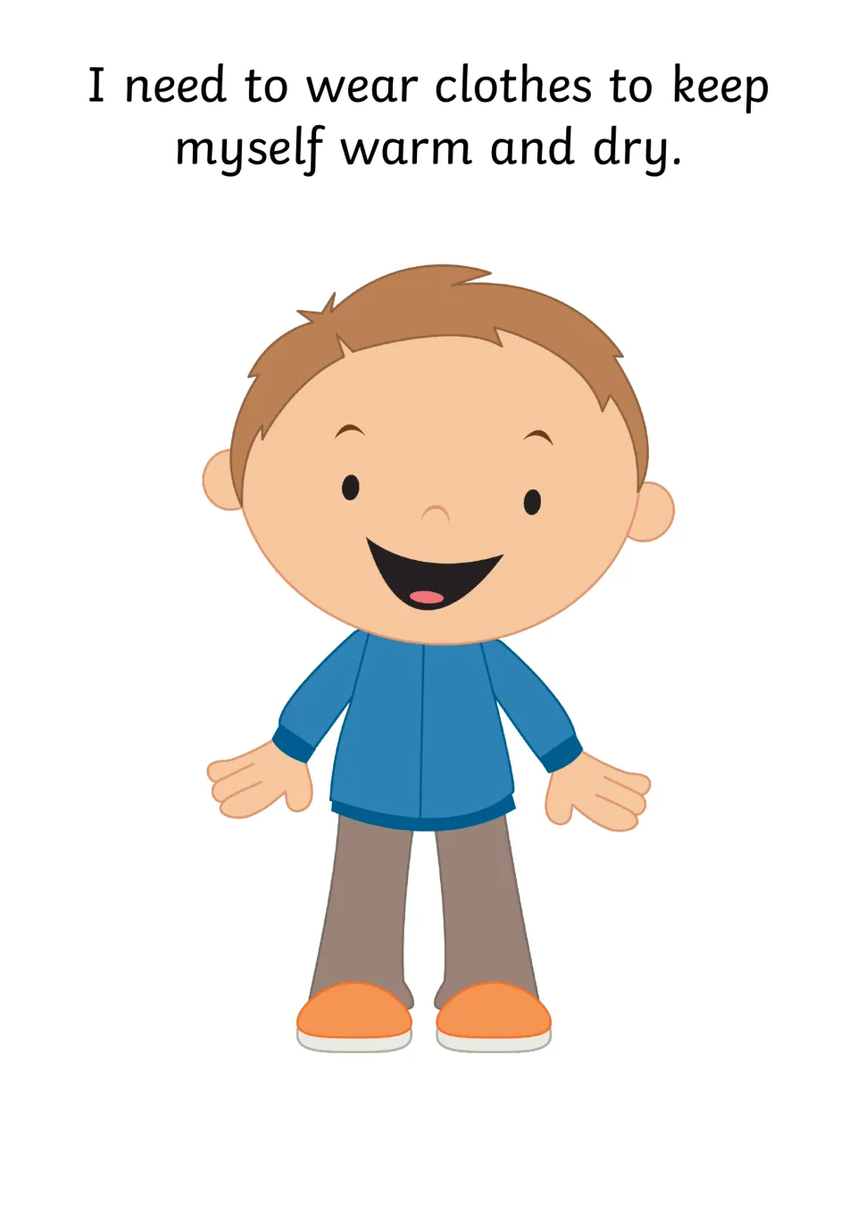Clothes keep me warm and dry: a smiling boy dressed in a blue jumper, trousers and orange shoes