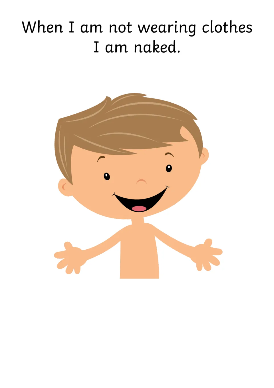 Naked means not wearing clothes: sentence defining the word beside a smiling boy shown from the chest up without a top