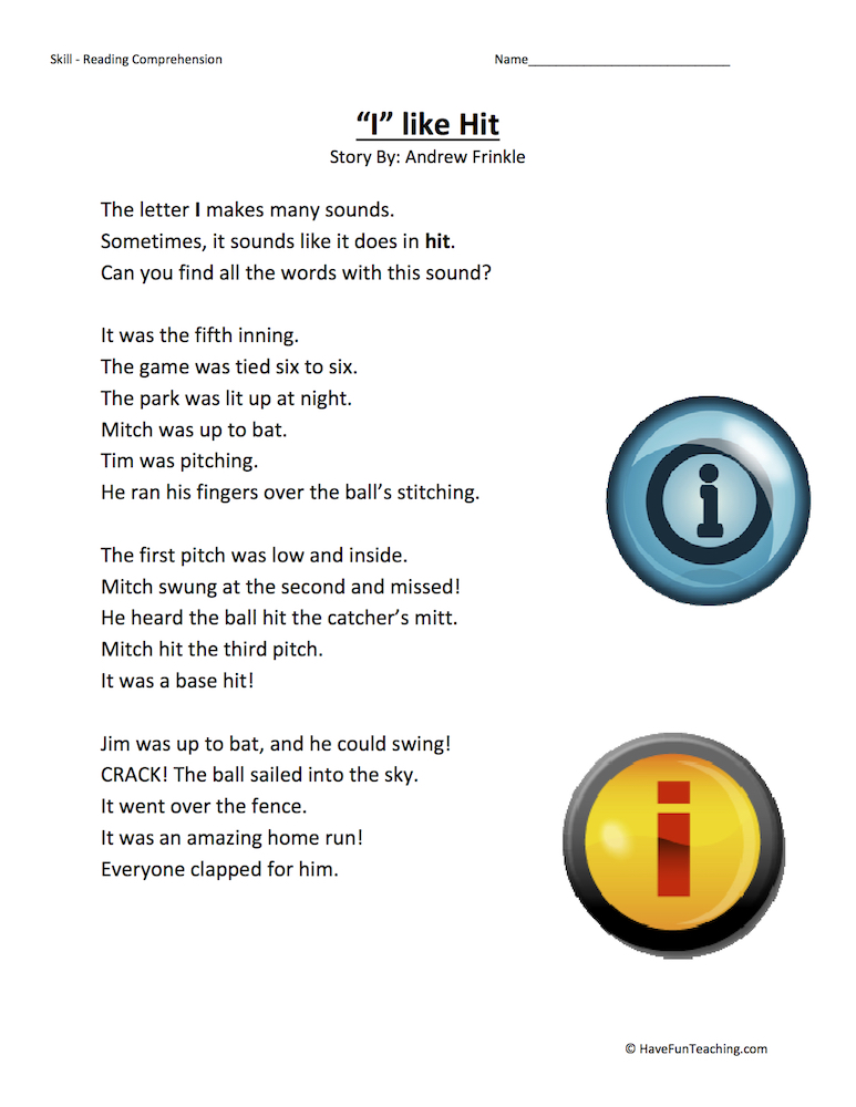I Like Hit Reading Comprehension Worksheet teaching resource preview