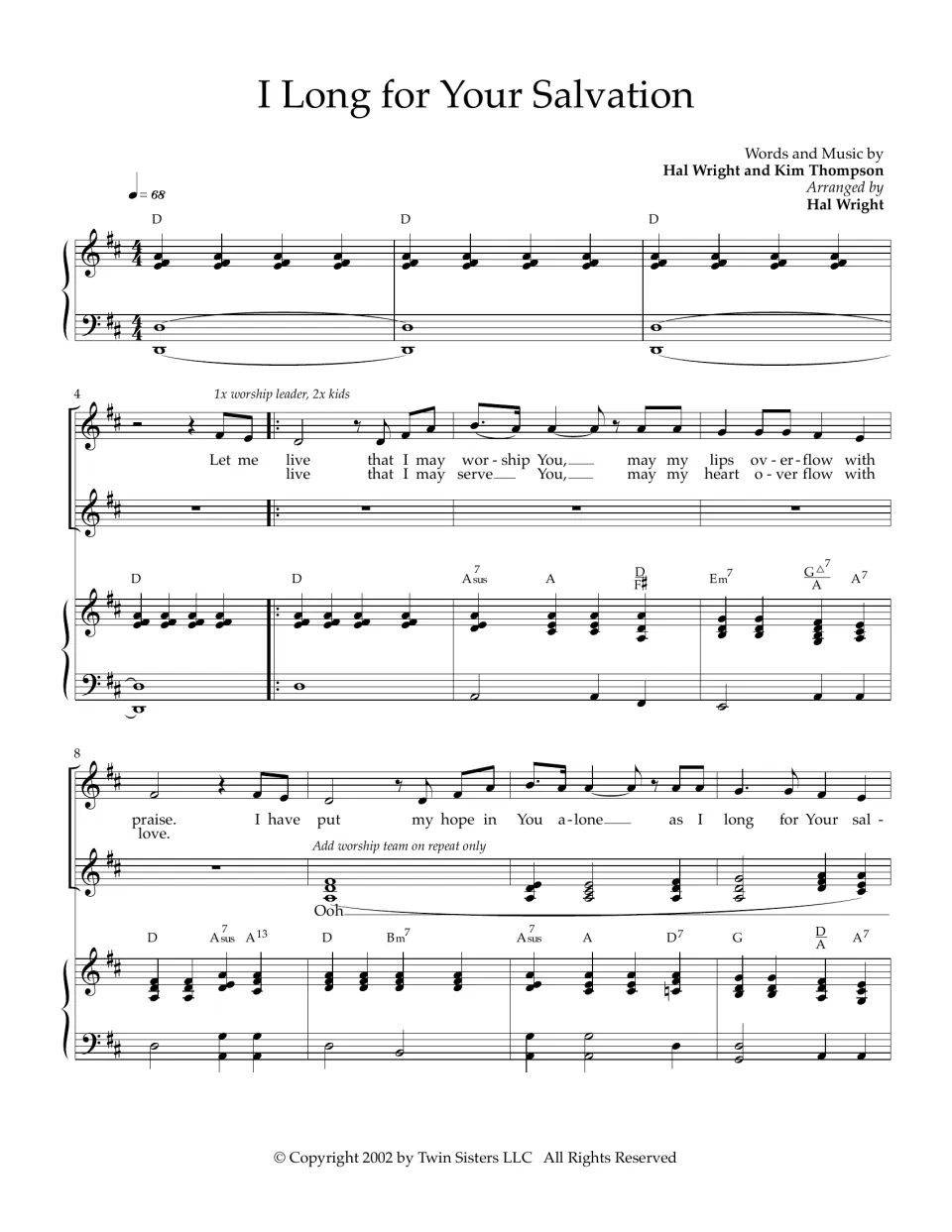 Opening of I Long for Your Salvation in D: piano intro, then verse 1 and 2 lyrics with chords, measures 1 to 11