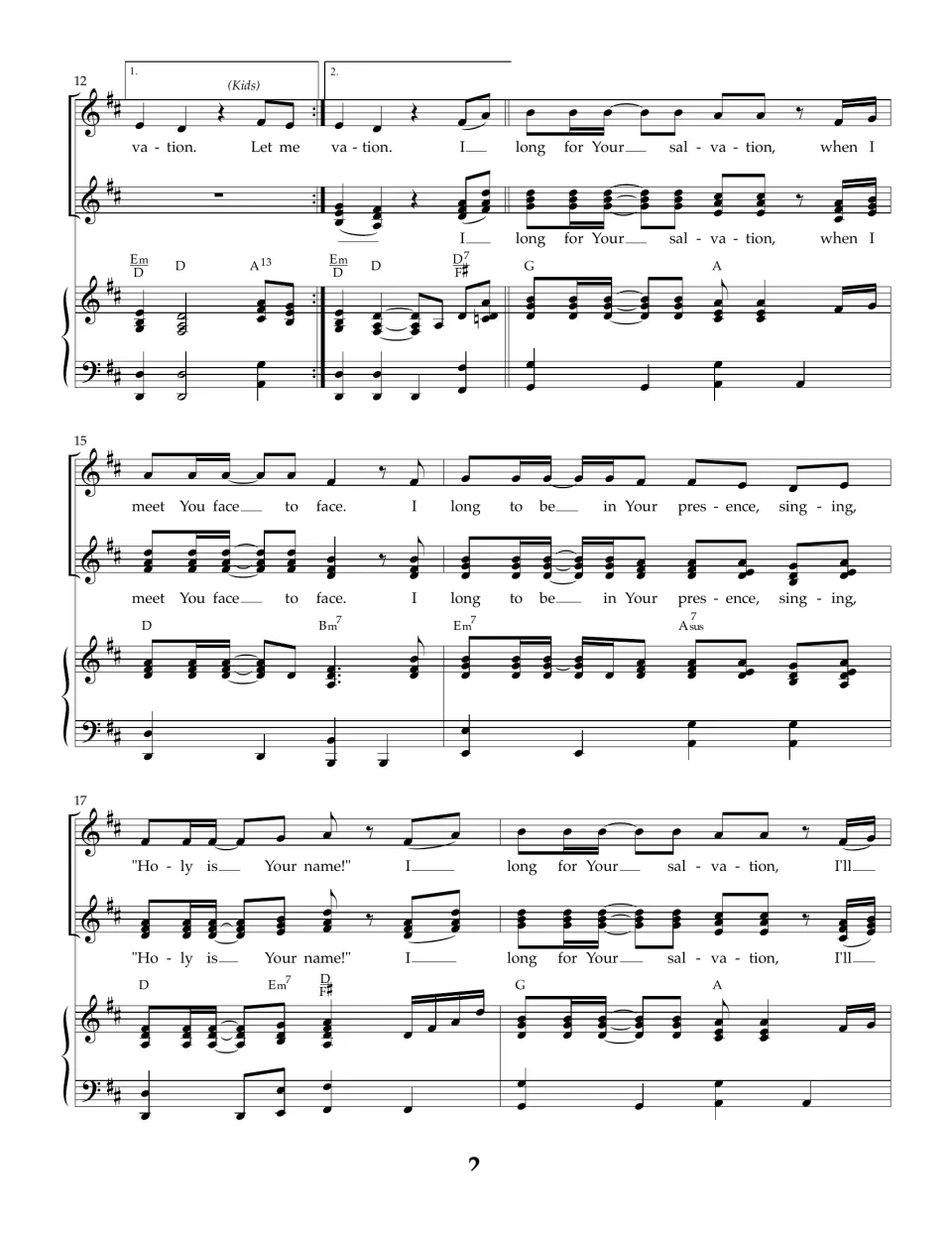 Chorus, measures 12 to 18: lead and harmony vocal lines sing 'when I meet You face to face' over G, A and D chords