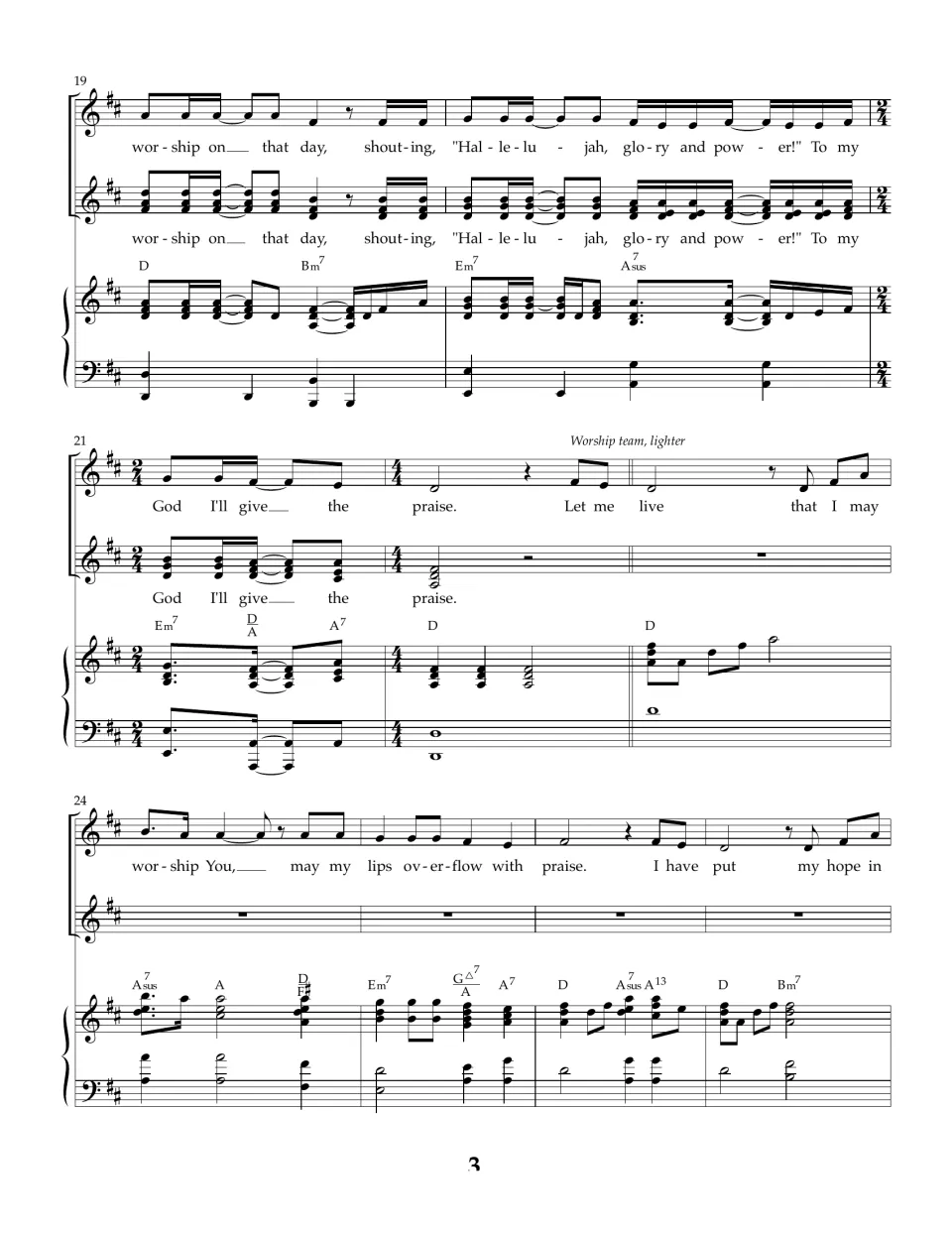 Chorus end and verse return, measures 19 to 27: 'Hallelujah, glory and power' with 2/4 bar, worship team cue