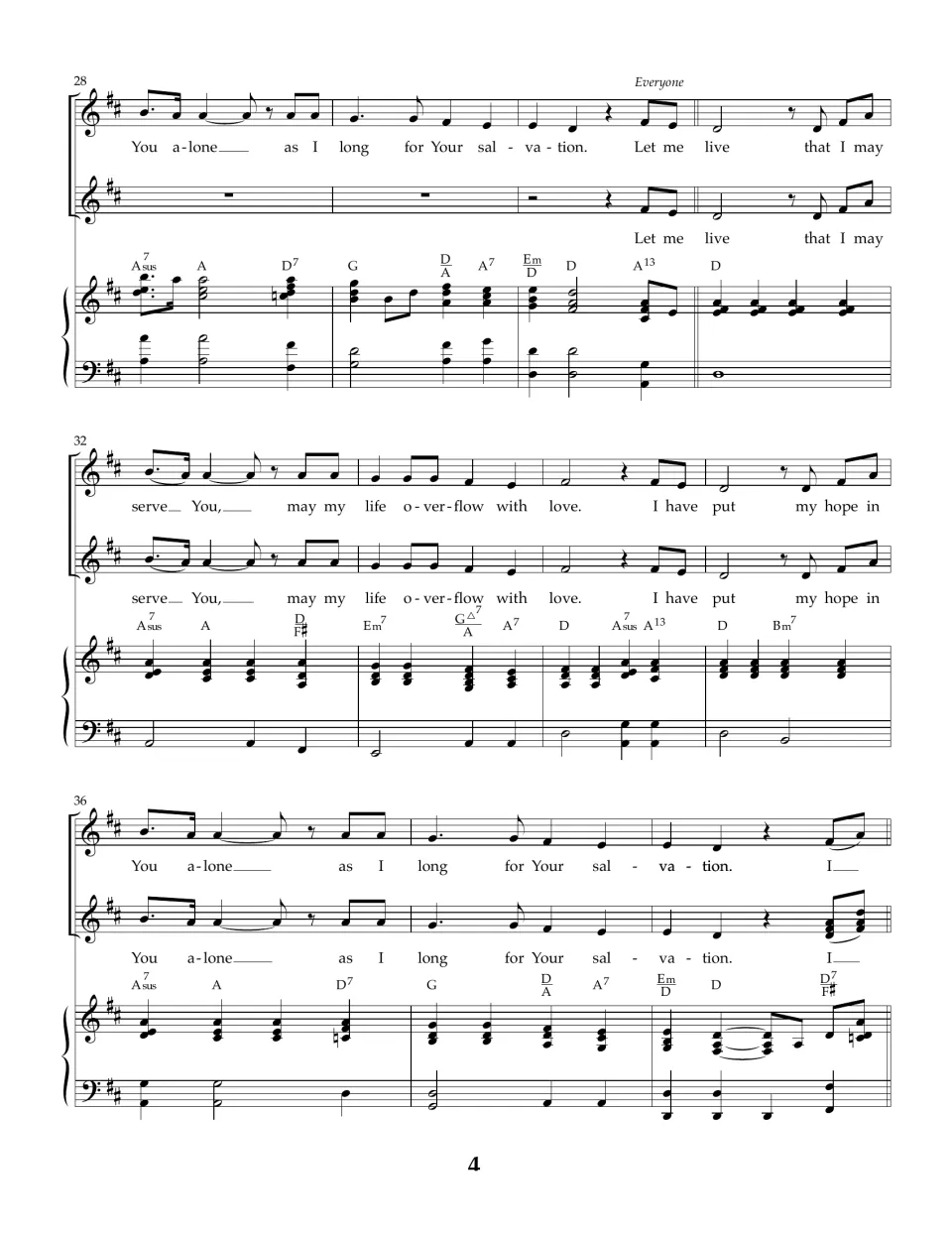 Verse with everyone singing, measures 28 to 38: 'Let me live that I may serve You, may my life overflow with love'