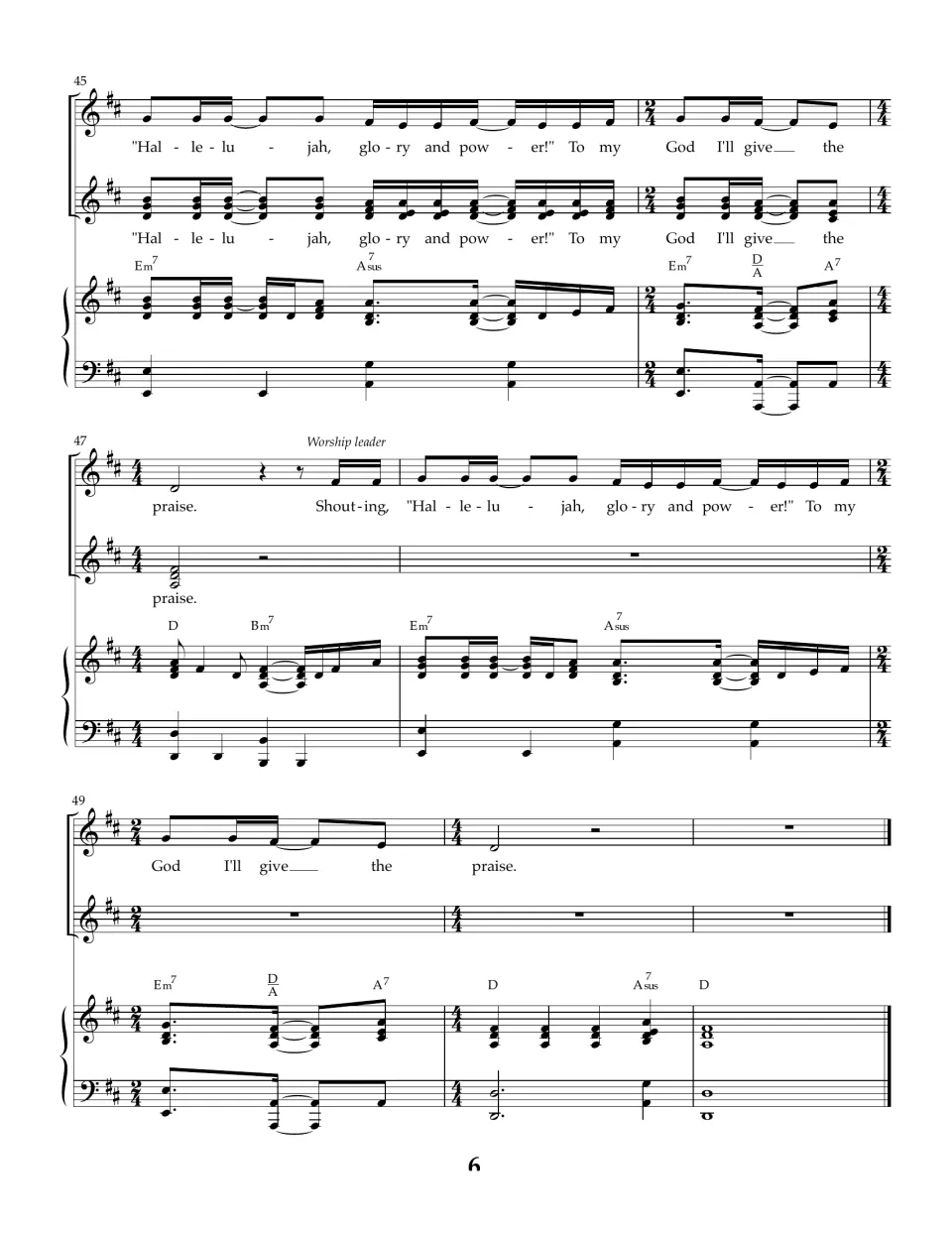 Song ending, measures 45 to 51: worship leader echo 'Shouting, Hallelujah' then 'To my God I'll give the praise'