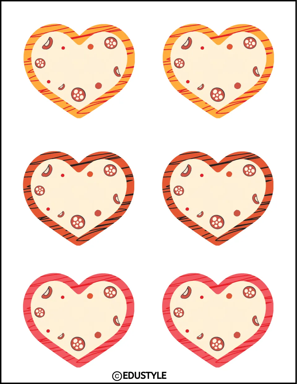 Six small pizza hearts for names in the Valentine's Day display kit: two golden, two orange, and two pink