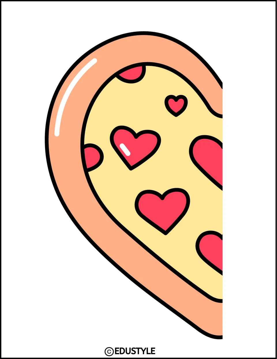Left half of an enlarged pizza heart with pink heart toppings for the Valentine's Day classroom display