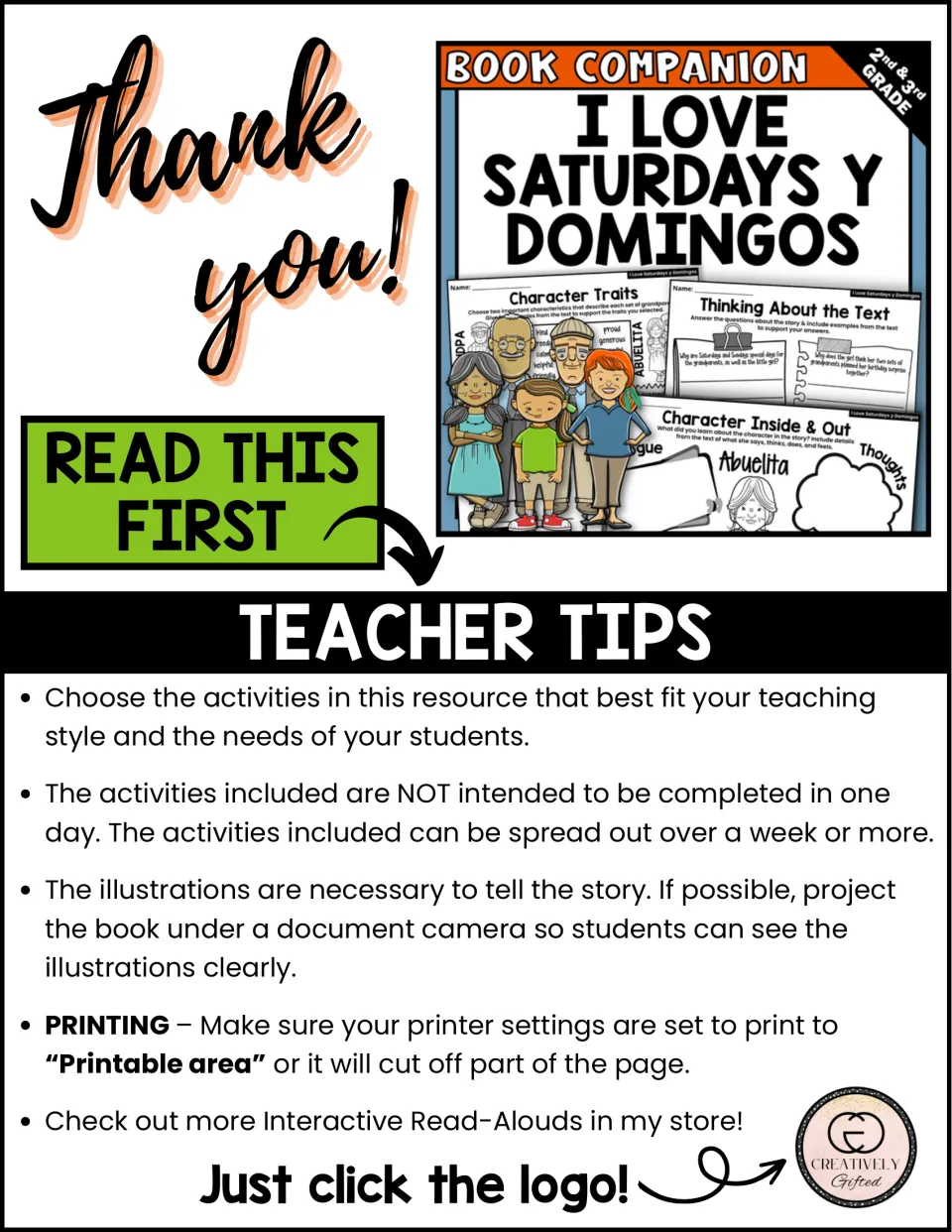 Teacher tips: spread activities over a week or more, project the book's illustrations and print to the printable area