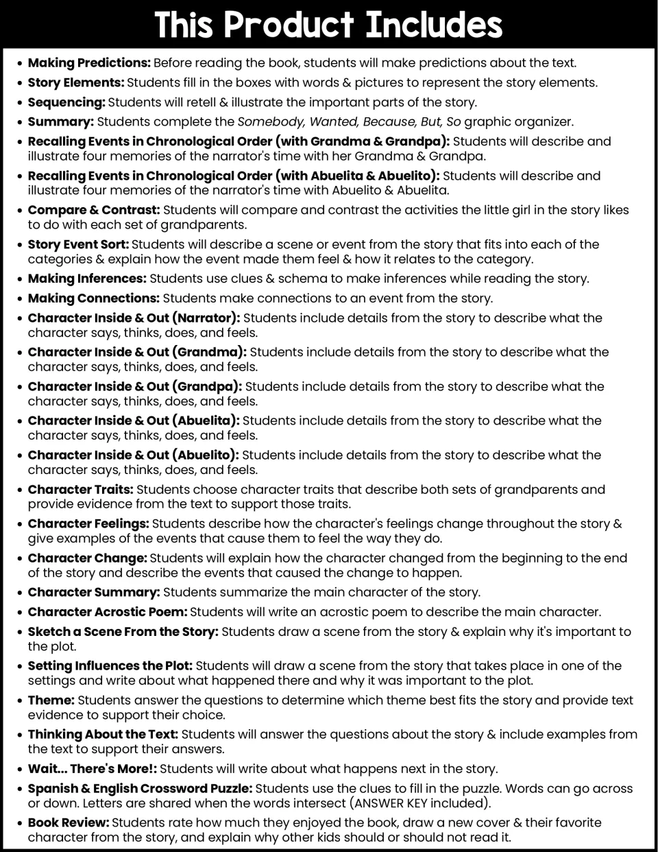 List of 27 activities, from making predictions and story elements to a Spanish and English crossword and book review