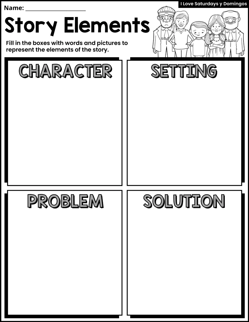 Story elements: students use words and pictures to show the character, setting, problem and solution of the story