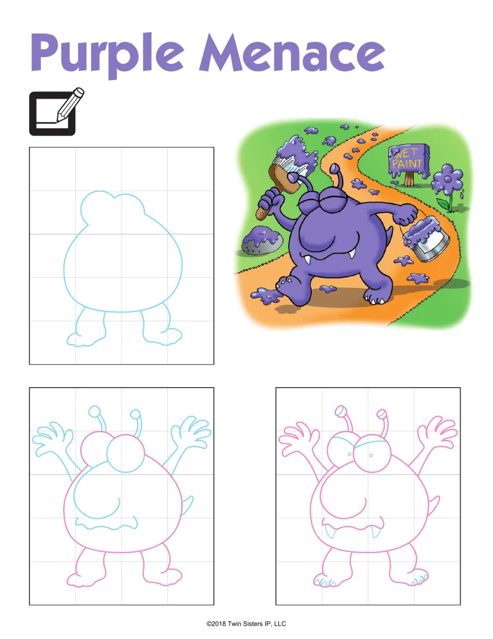 Purple Menace: students trace three step-by-step stages of a purple monster with antennae, fangs and raised arms