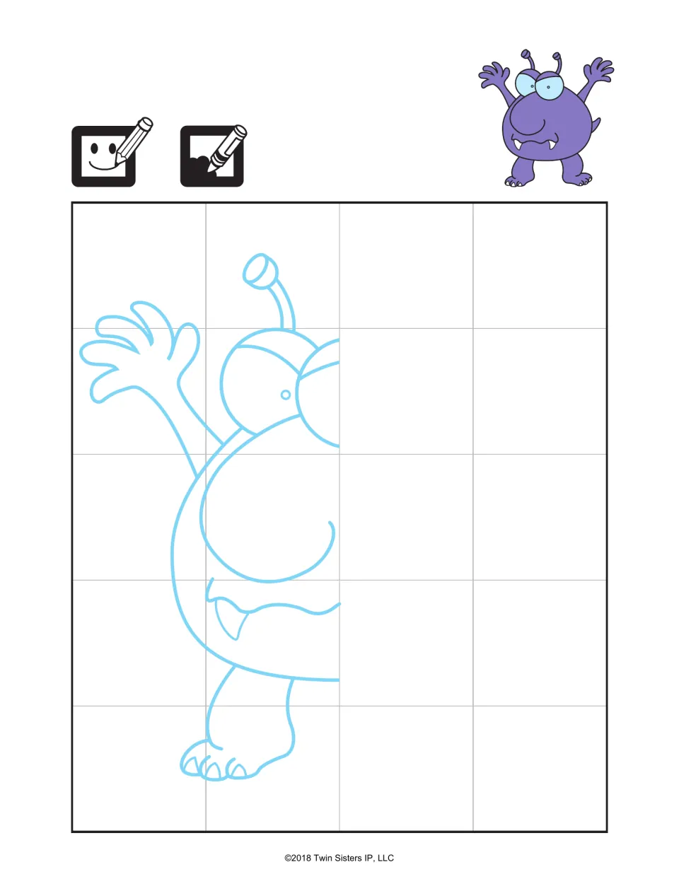Purple Menace drawing: students finish the half-drawn monster by mirroring the left side, then color it like the model