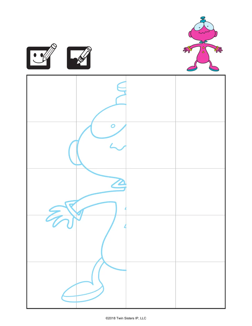 Space Traveler drawing: students complete the right half of the pink alien to match the left side, then color it in