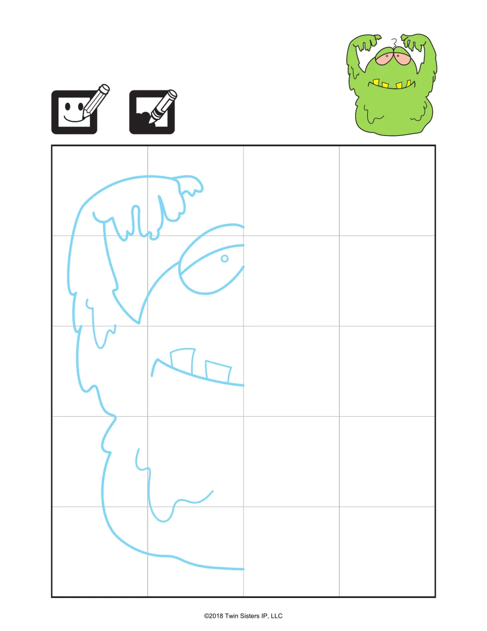 Green Blob drawing: students mirror the half-drawn slime monster to finish the other side, then color it green