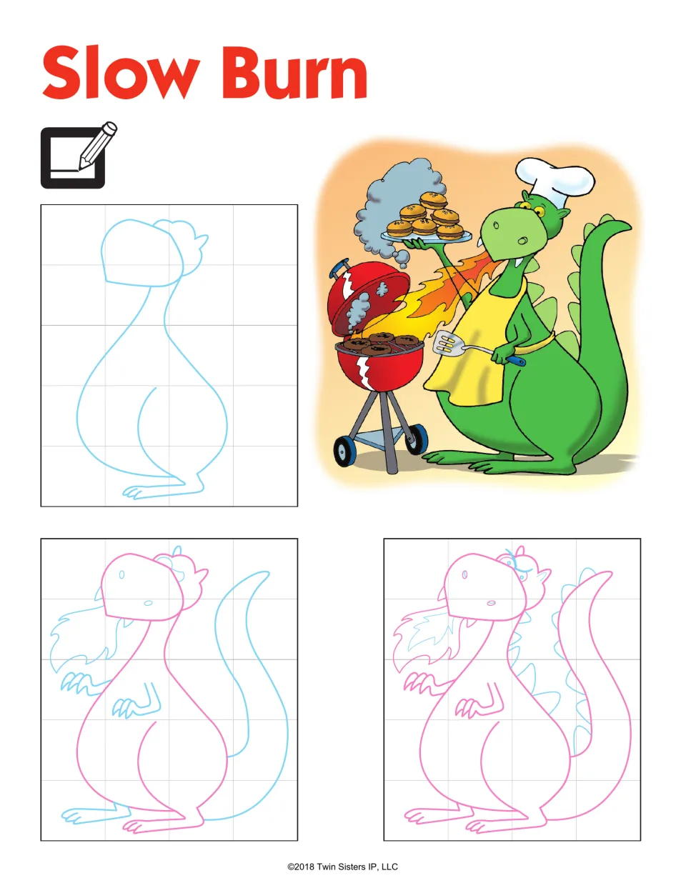 Slow Burn: students trace three step-by-step stages of a fire-breathing dragon with a curled tail and spiky back