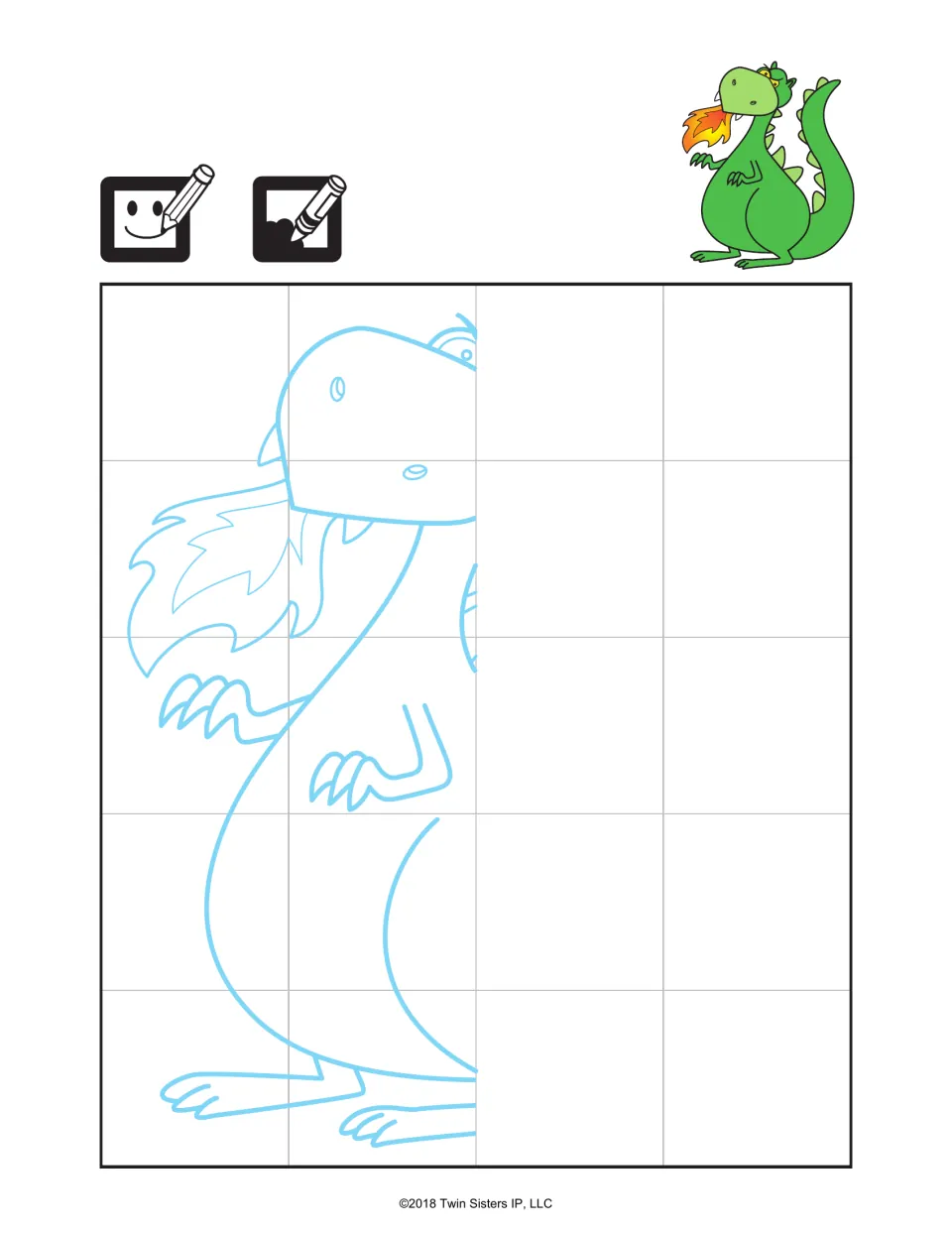Slow Burn drawing: students complete the half-drawn fire-breathing dragon by copying the left side, then color it