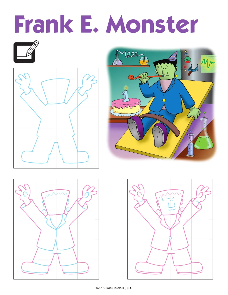 Frank E. Monster: students trace three step-by-step stages of a Frankenstein-style monster in a suit with raised arms