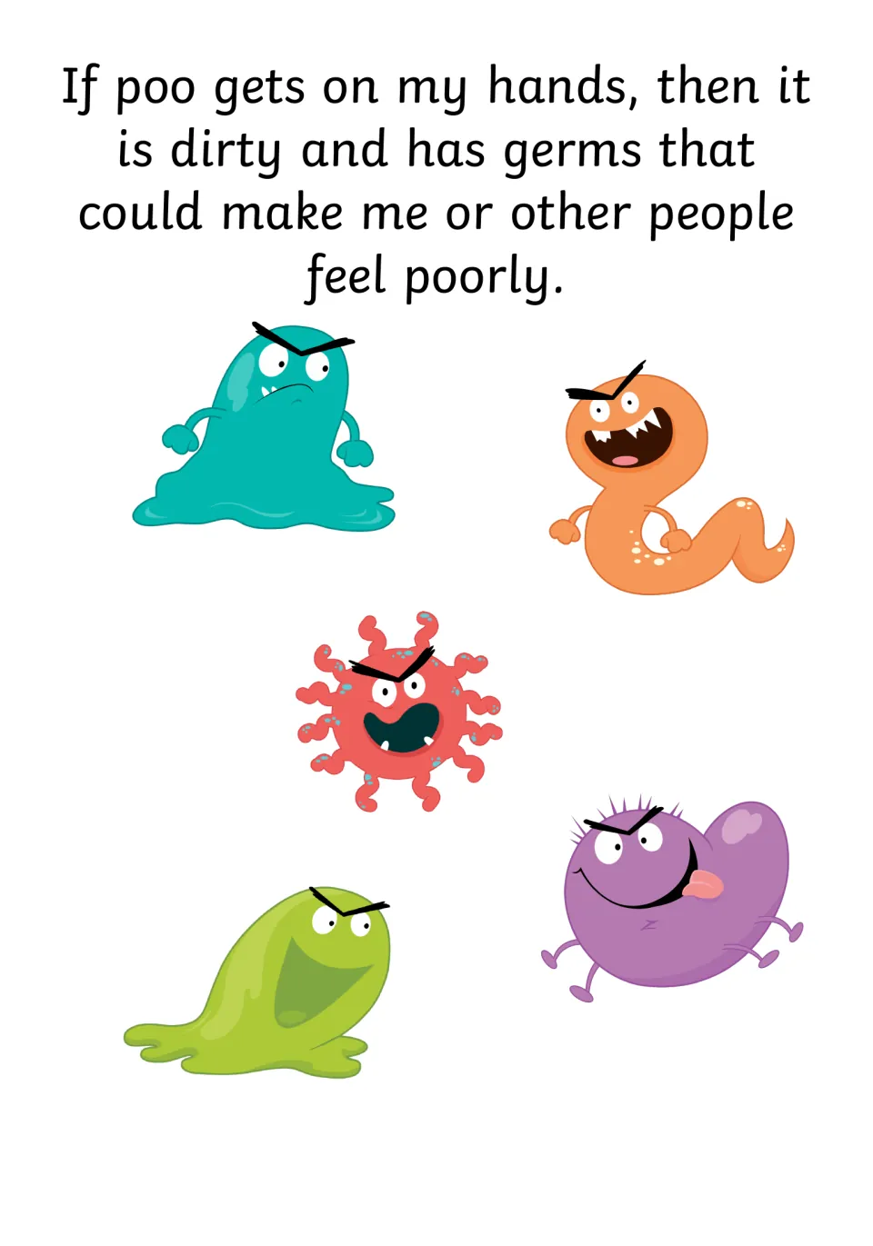 Germs and illness: poo on hands is dirty and has germs that could make people feel poorly, with five cartoon germs