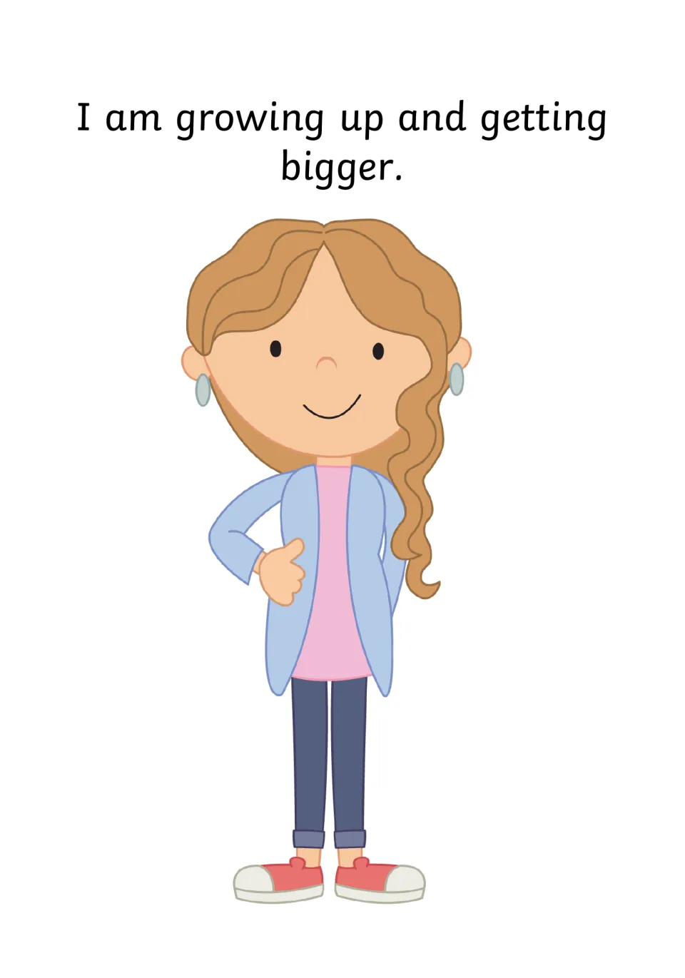 Growing up social story page: students read "I am growing up and getting bigger" beside a smiling girl in a cardigan