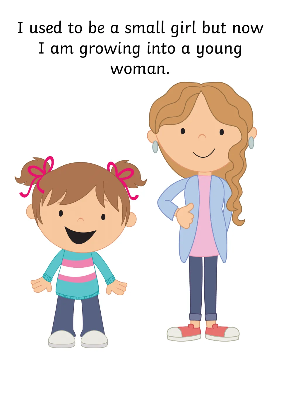 Growing from girl to young woman: students read the sentence beside a small girl with pigtails and a taller young woman