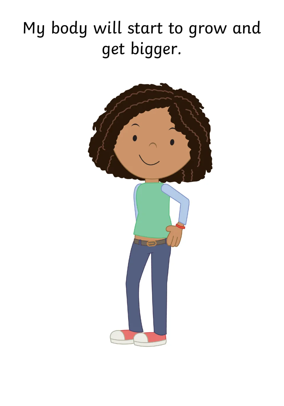 Body growth: students read "My body will start to grow and get bigger" beside a girl in a green top and jeans