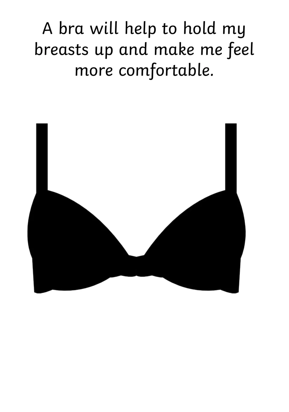 Why wear a bra: students read that a bra holds breasts up and feels more comfortable, with a black bra icon