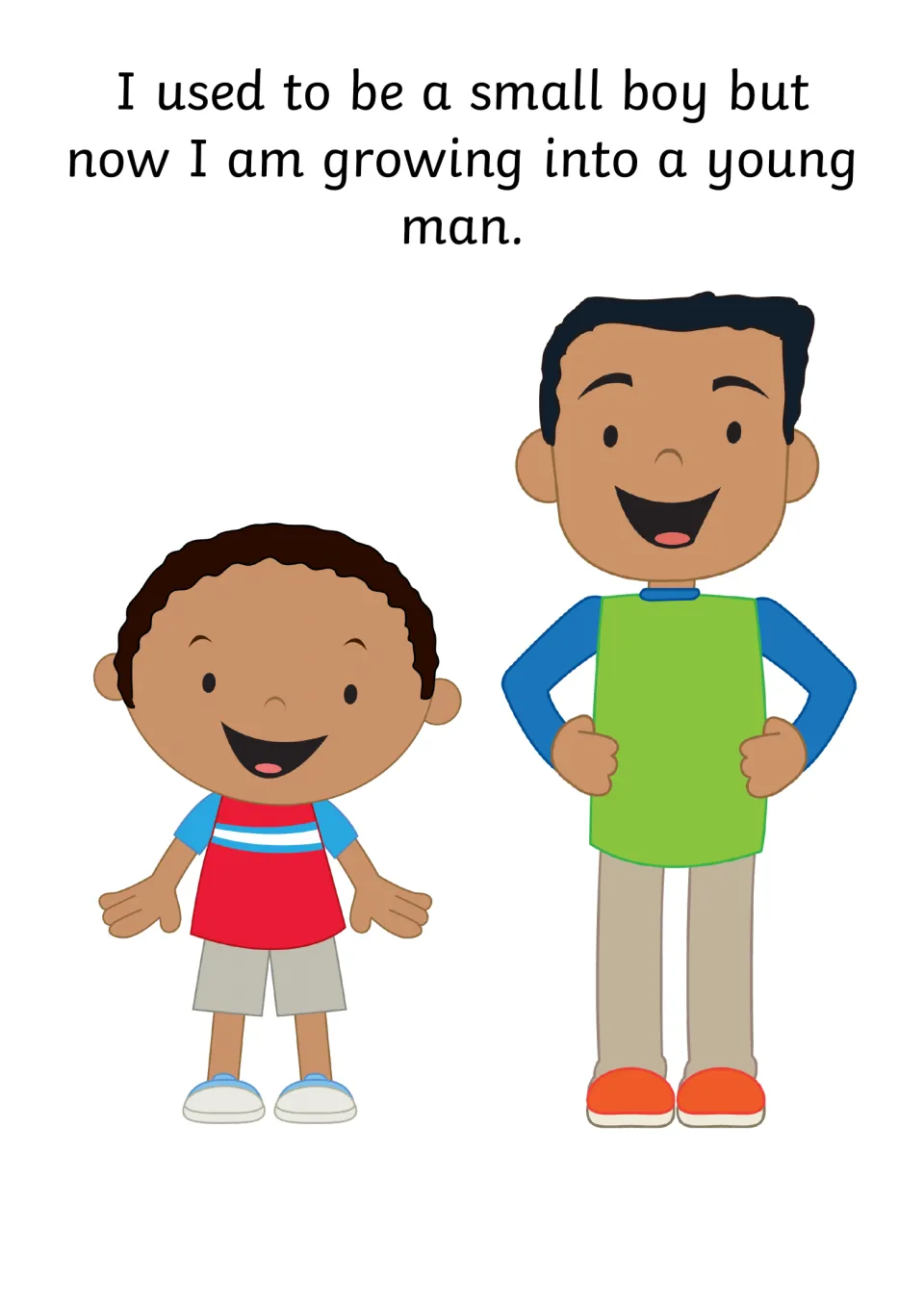 Growing into a young man: text contrasts being a small boy with now, shown by a small boy next to a taller young man