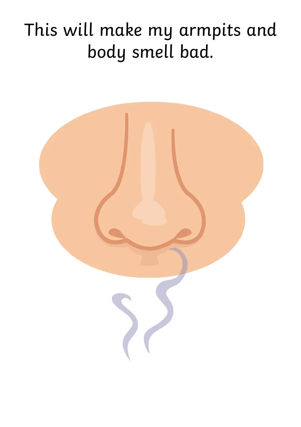 Body odor: text says sweat will make my armpits and body smell bad, shown by a nose with a wavy smell line
