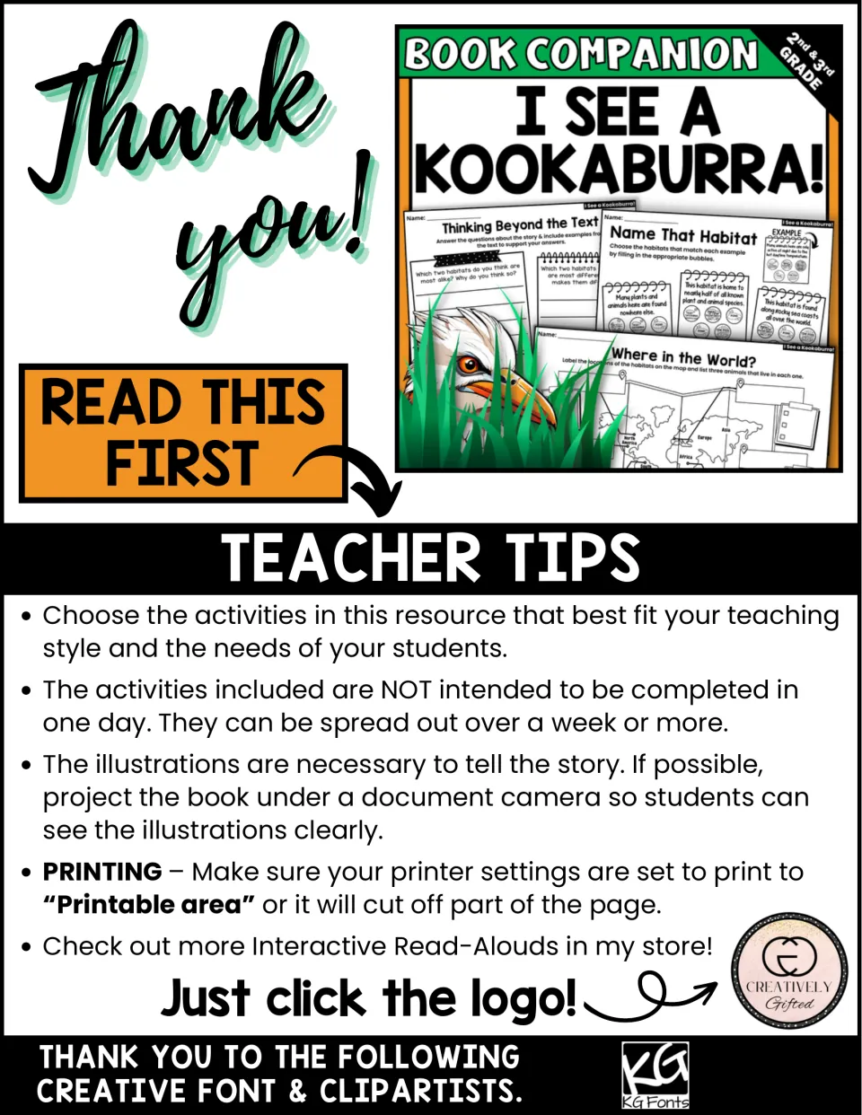 Teacher tips for the book companion cover activity selection, pacing, showing illustrations, and printing.